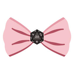 Bow Tie Games logo, a pink bow tie with a D 20 as the knot